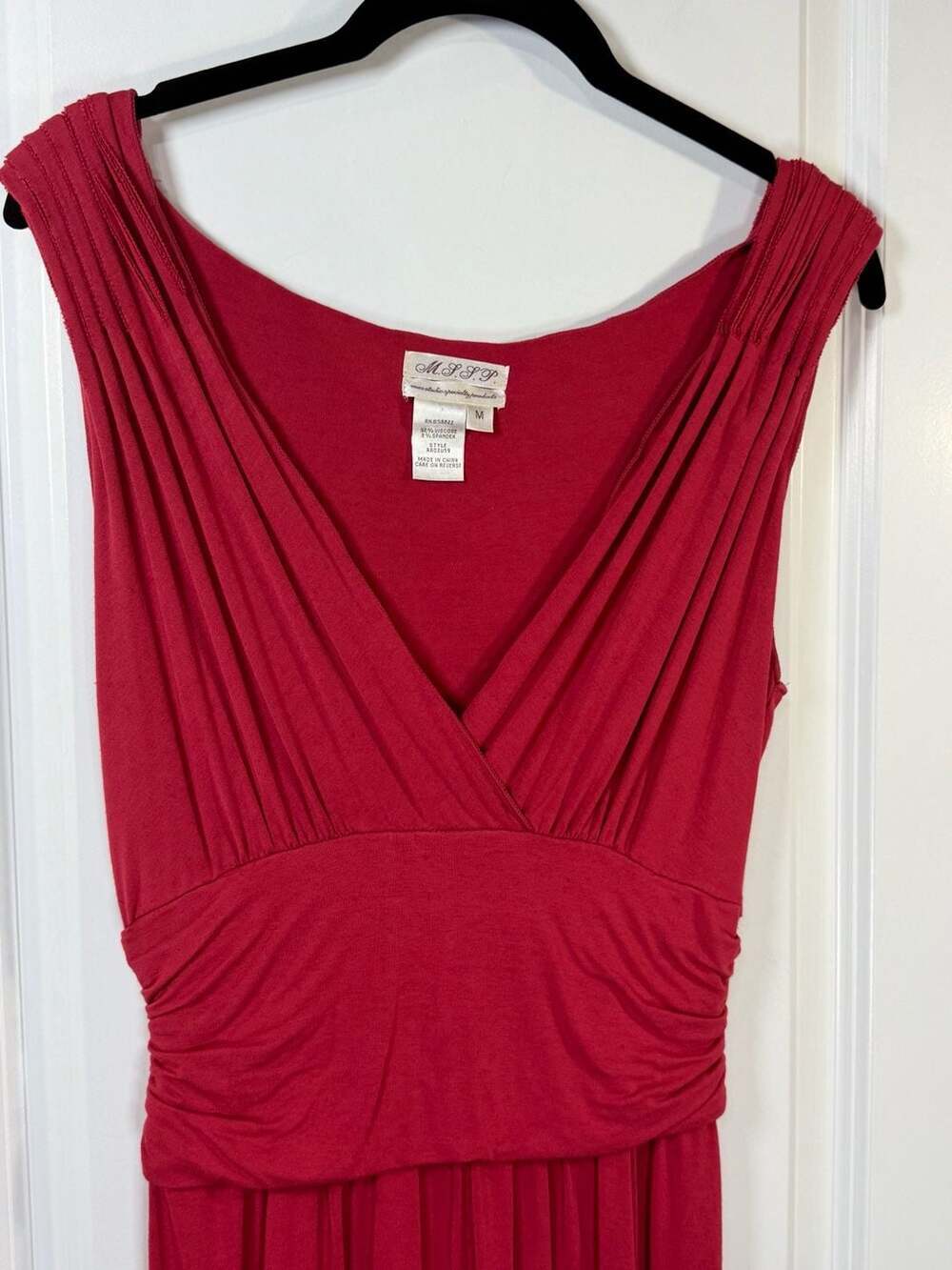 MSSP Max Studio Red Ruched V-Neck Sleeveless Midi Dress Size M - Picture 5 of 6